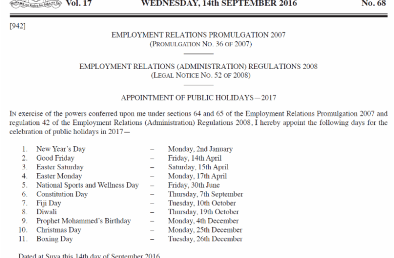 Appointment of Public Holidays - 2017