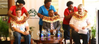 Garlanding of the official party – L-R Chef Jean Marc Ruzzene, Vice President Fiji Chefs Association, The Hon Minister F Koya and Matthew Gillespie, Vice President Fiji Hotel & Tourism Association