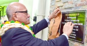 President MajorGeneral (Ret’d) Jioji Konrote unveils the plaque at the newly opened Fiji Commerce and Employers Federation and Fiji Hotel and Tourism Association building at Gorrie Street in Suva yesterday. Photo: DEPTFO