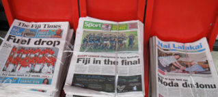 The Fiji Times newspaper street stall, Suva, July 2013.