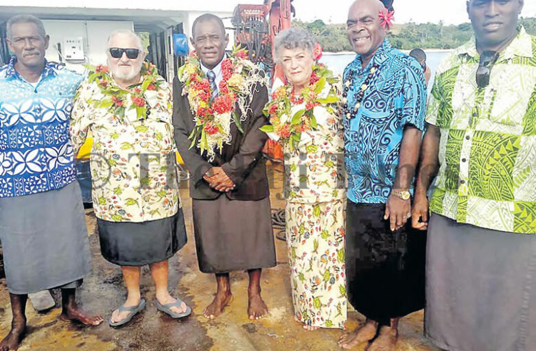 Tui Drola Ratu Manasa Naikasowalu, third from left, with owners of Nanuya Island Resort and guests at the launch of the Nanuya Island Resort traditional marine reserve. Picture: SITERI SAUVAKACOLO