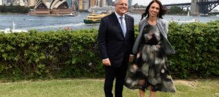 Australian Prime Minister Scott Morrison and New Zealand Prime Minister Jacinda Ardern. Credit: BIANCA DE MARCHI/AAPIMAGE