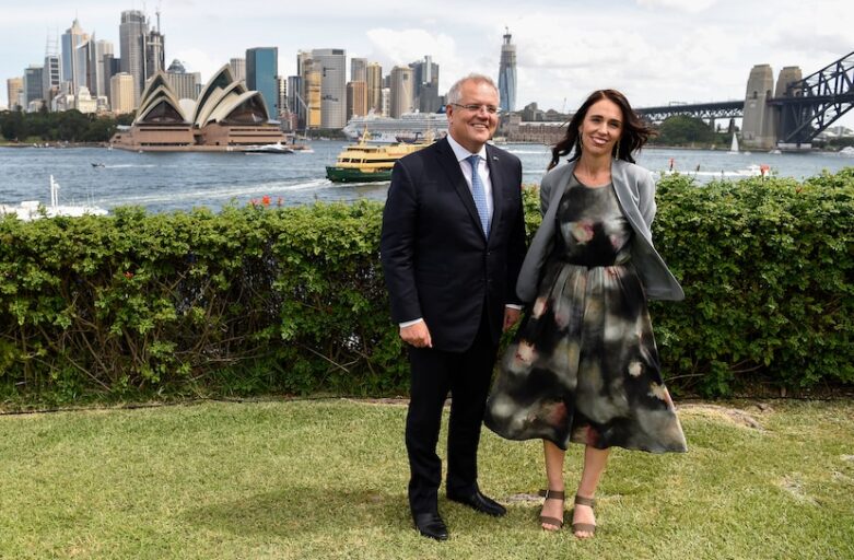 Australian Prime Minister Scott Morrison and New Zealand Prime Minister Jacinda Ardern. Credit: BIANCA DE MARCHI/AAPIMAGE