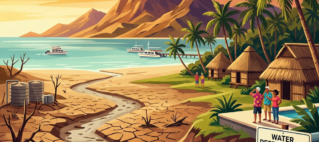 Illustration of drought-stricken tropical island with water restrictions sign