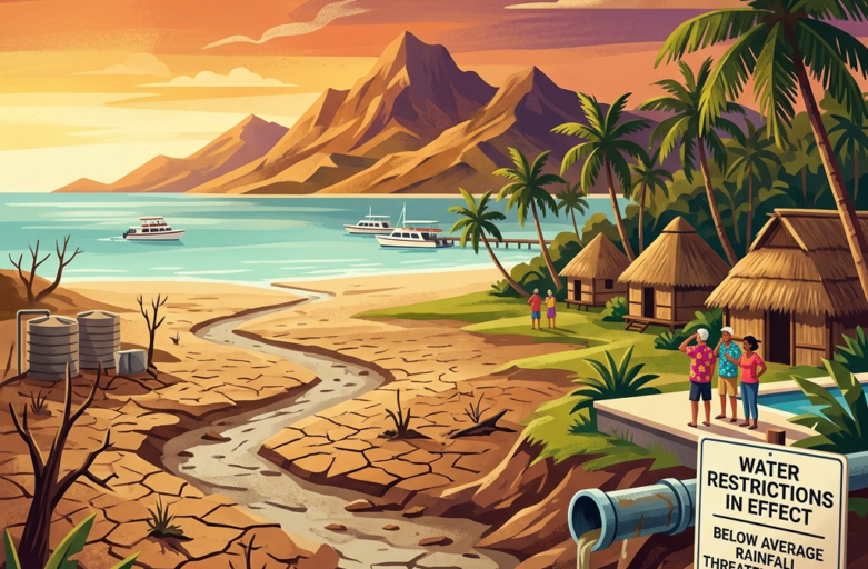 Illustration of drought-stricken tropical island with water restrictions sign