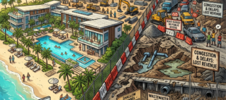 Illustration contrasting Fiji resort development with infrastructure problems, traffic, and flooding