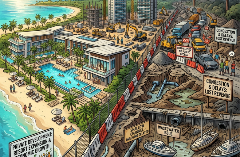 Illustration contrasting Fiji resort development with infrastructure problems, traffic, and flooding
