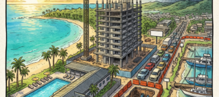 Illustration of a coastal construction site beside a resort, road, and marina