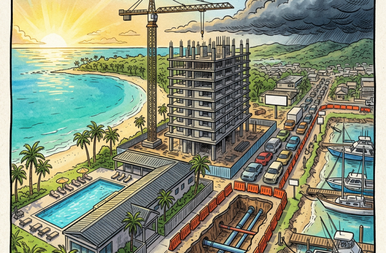 Illustration of a coastal construction site beside a resort, road, and marina