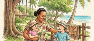 Mother and two children sitting on a woven mat by a tropical beach