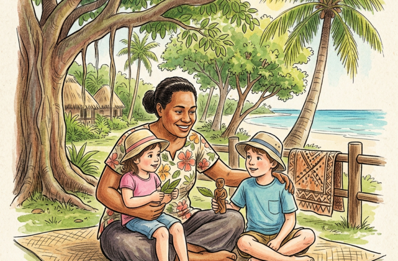 Mother and two children sitting on a woven mat by a tropical beach